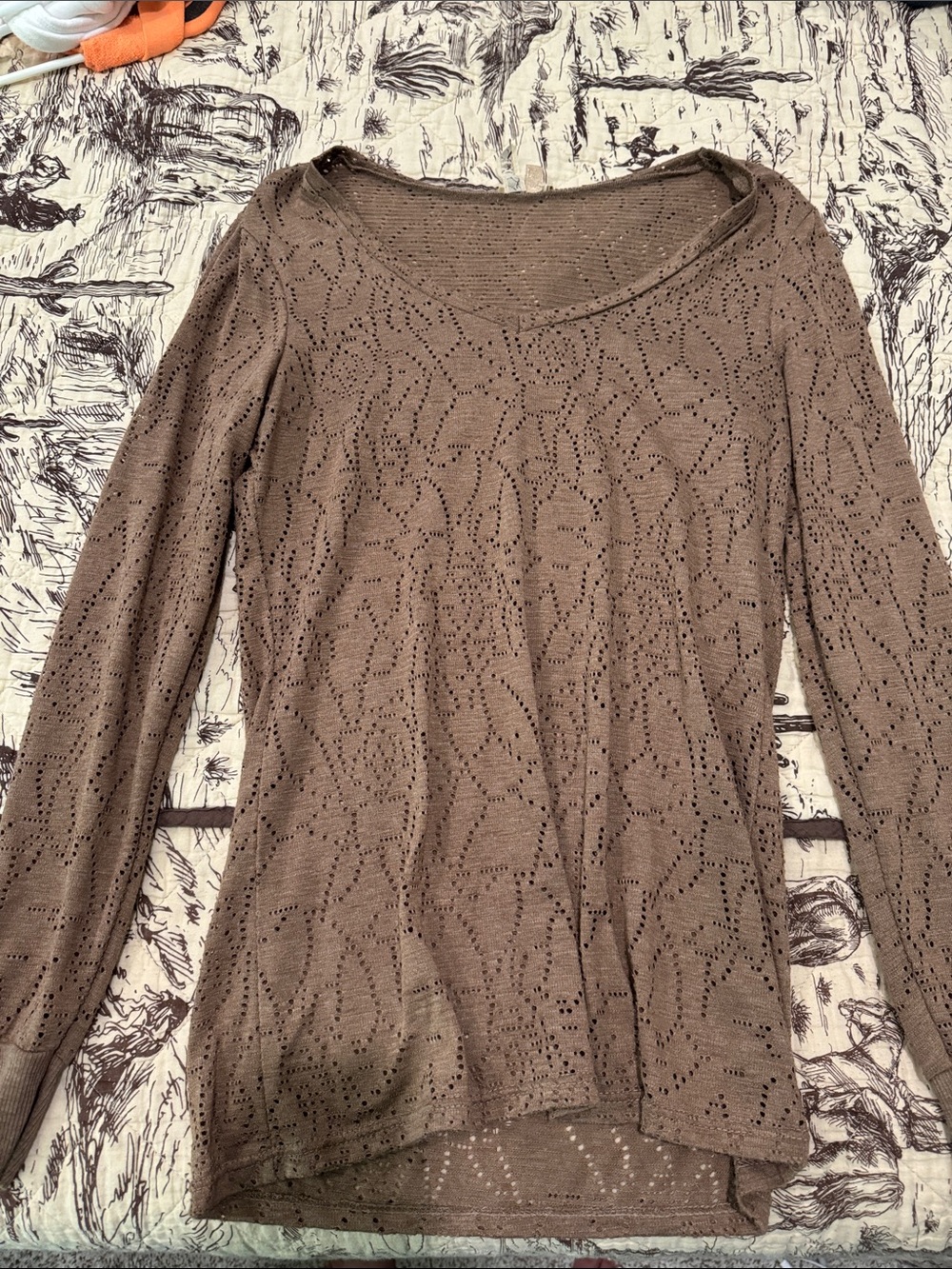 BKE Brown Crochet Openwork Long-Sleeve Top